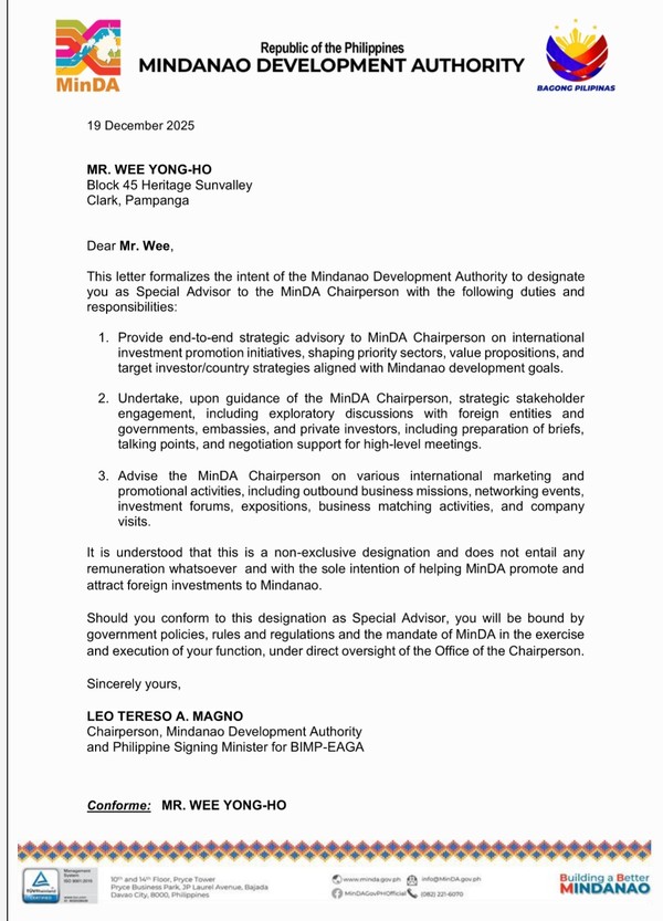 필리핀 민다나오 개발청, 한국인 위용호 씨를 특별 고문으로 위촉